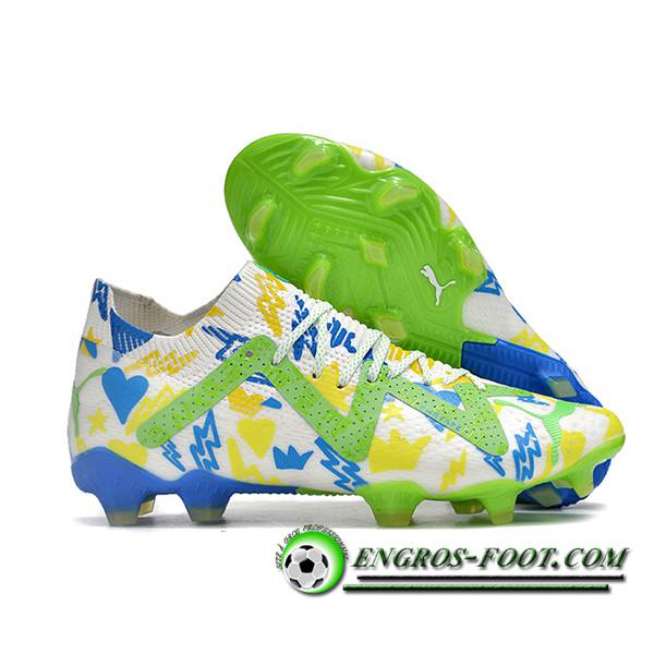 PUMA Chaussures de Foot Future Ultimate FG Blanc/Vert/Jaune/Bleu