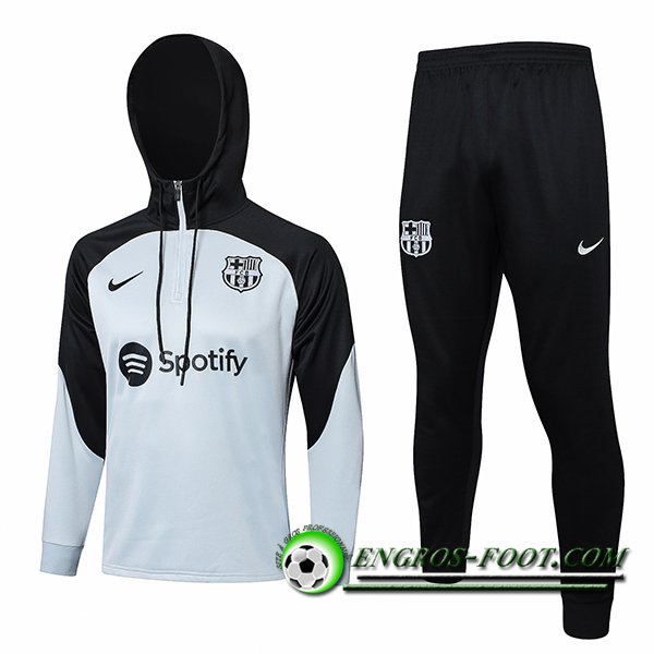 Ensemble Survetement Veste A Capuche FC Barcelone Blanc/Noir 2023/2024