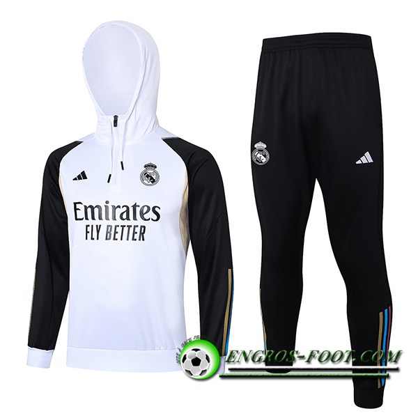 Ensemble Survetement Veste A Capuche Real Madrid Blanc/Noir 2023/2024