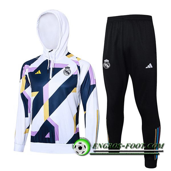 Ensemble Survetement Veste A Capuche Real Madrid Blanc/Bleu/Pourpre 2023/2024