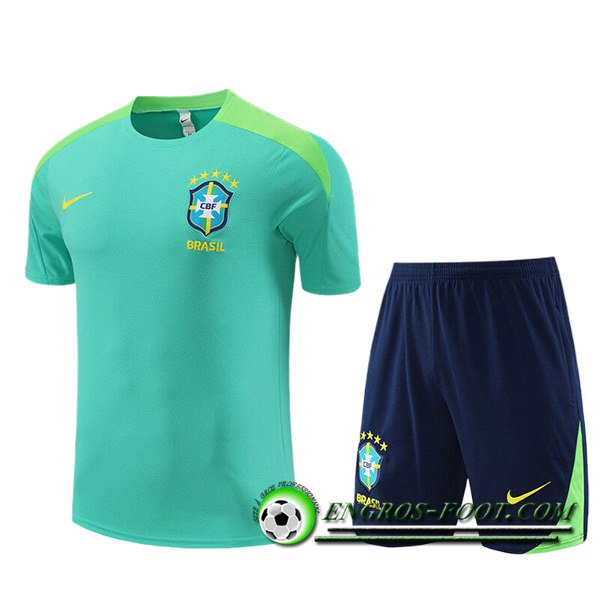 Ensemble Training T-Shirts + Shorts Brésil Enfant Vert/Noir 2023/2024