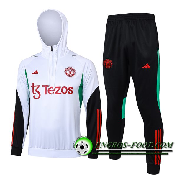 Ensemble Survetement Veste A Capuche Manchester United Blanc/Noir/Rouge 2023/2024