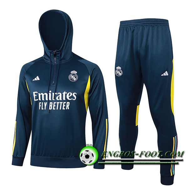 Ensemble Survetement Veste A Capuche Coupe-Vent Real Madrid Bleu/Jaune 2023/2024