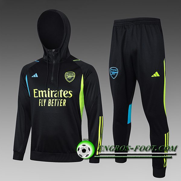 Ensemble Survetement Veste A Capuche Arsenal Enfant Noir/Vert/Bleu 2023/2024