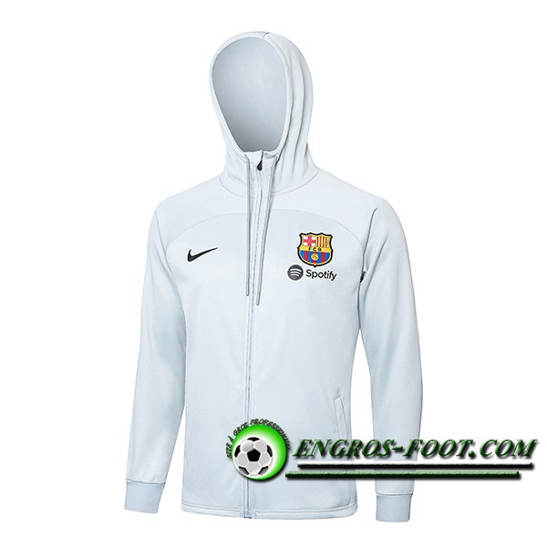 Ensemble Survetement Veste A Capuche Coupe-Vent FC Barcelone Gris Clair 2024/2025