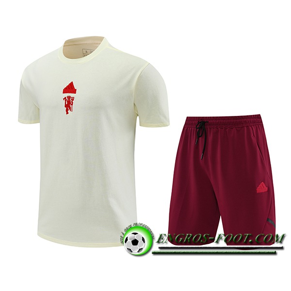 Ensemble Training T-Shirts + Shorts Manchester United Beige/Rouge 2024/2025