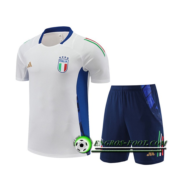 Ensemble Training T-Shirts + Shorts Italie Blanc/Bleu 2024/2025 -02