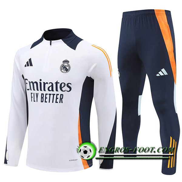 Ensemble Survetement de Foot Real Madrid Blanc/Orange/Bleu 2024/2025