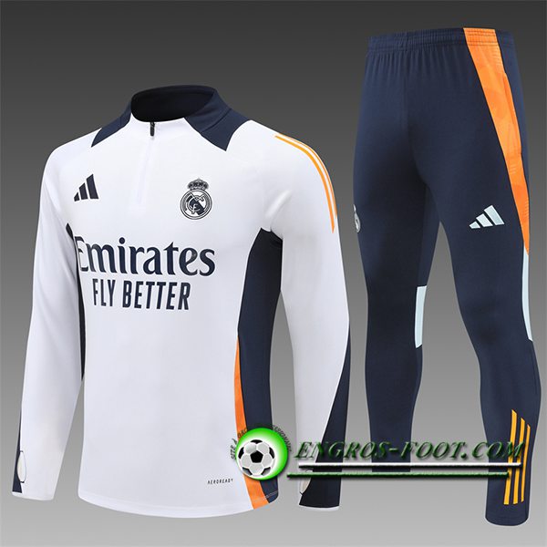 Ensemble Survetement de Foot Real Madrid Enfant Blanc/Orange/Bleu 2024/2025