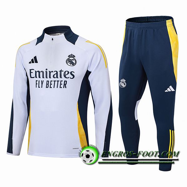 Ensemble Survetement de Foot Real Madrid Blanc/Bleu/Jaune 2024/2025