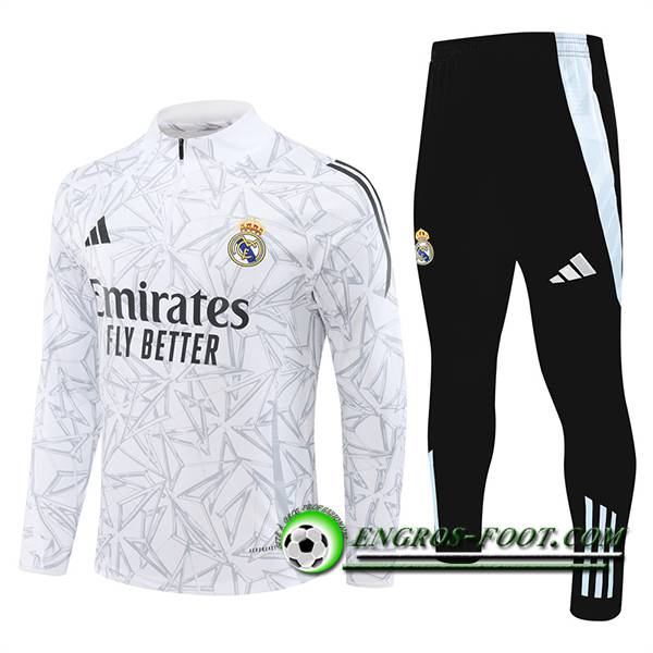 Ensemble Survetement de Foot Real Madrid Blanc/Gris/Noir 2024/2025