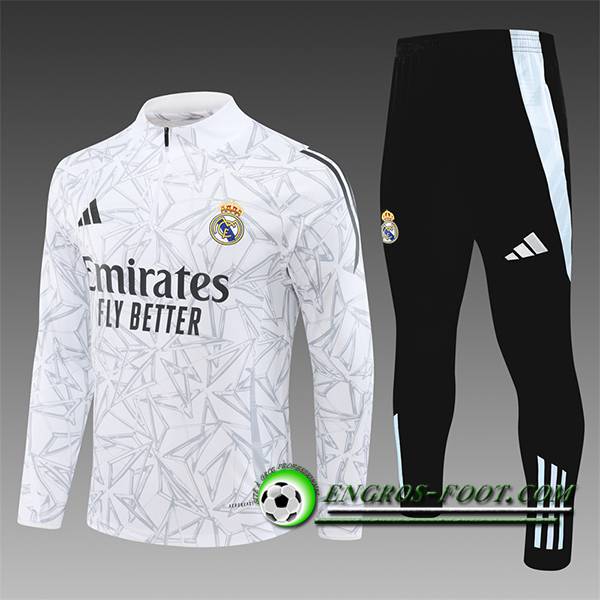 Ensemble Survetement de Foot Real Madrid Enfant Blanc/Gris/Noir 2024/2025