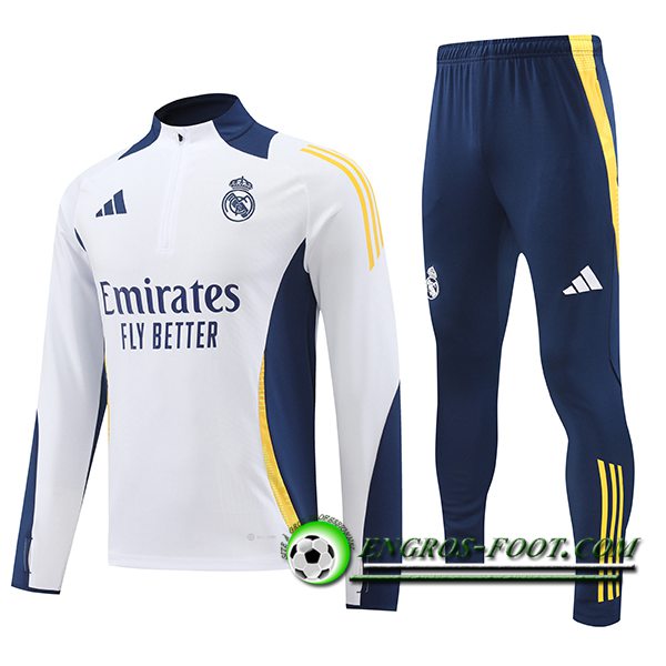 Ensemble Survetement de Foot Real Madrid Enfant Blanc/Bleu/Jaune 2024/2025