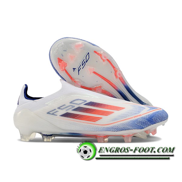 Adidas Chaussures de Foot F50 Elite Laceless FG Blanc/Bleu/Orange