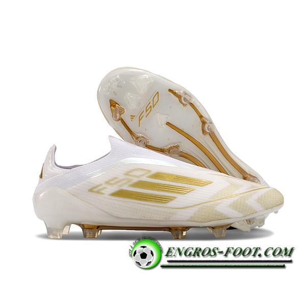 Adidas Chaussures de Foot F50 Elite Laceless FG Blanc/Jaune