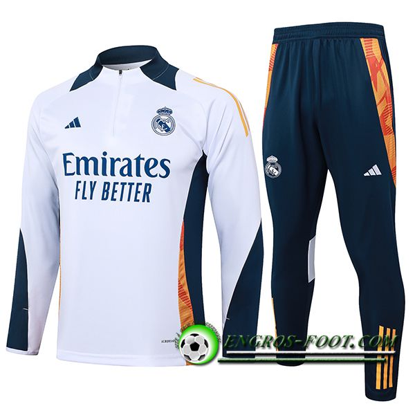 Ensemble Survetement de Foot Real Madrid Blanc/Bleu/Orange 2024/2025