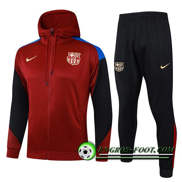 Ensemble Survetement Veste A Capuche Coupe-Vent FC Barcelone Rouge/Noir 2024/2025