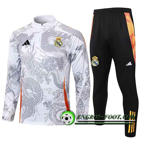 Ensemble Survetement de Foot Real Madrid Blanc/Gris 2024/2025 -02