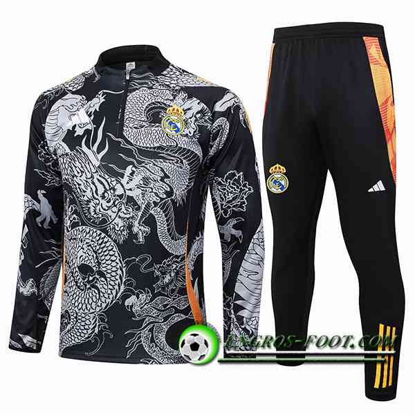 Ensemble Survetement de Foot Real Madrid Noir/Gris/Orange 2024/2025