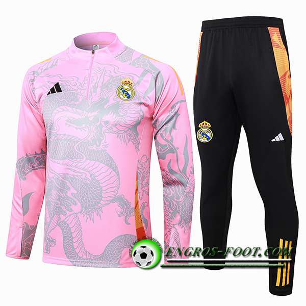 Ensemble Survetement de Foot Real Madrid Rose/Gris 2024/2025 -02