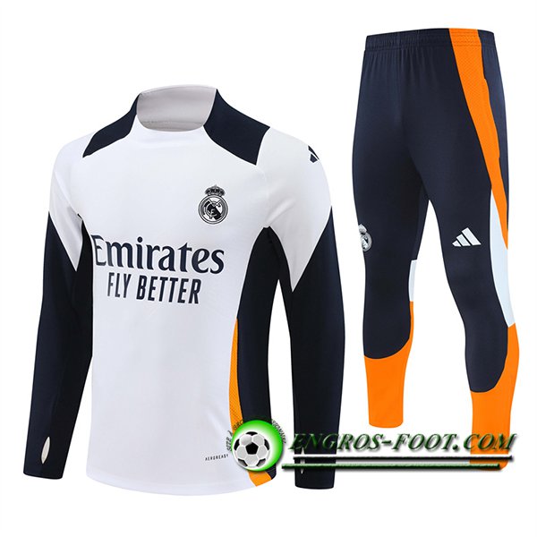 Ensemble Survetement de Foot Real Madrid Blanc/Bleu/Orange 2024/2025 -02