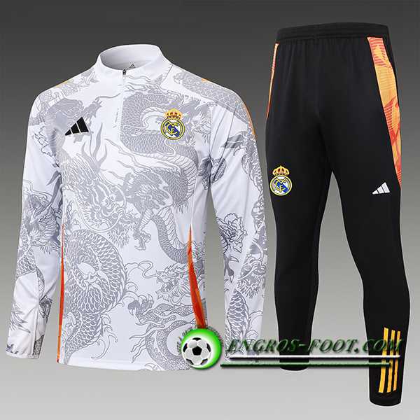 Ensemble Survetement de Foot Real Madrid Enfant Blanc/Gris/Rouge 2024/2025