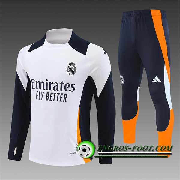 Ensemble Survetement de Foot Real Madrid Enfant Blanc/Bleu/Orange 2024/2025