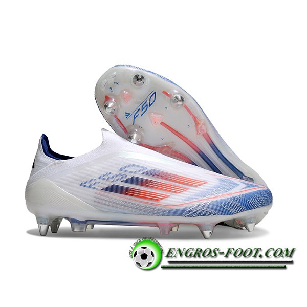 Adidas Chaussures de Foot F50 Elite Laceless SG Blanc/Bleu/Orange