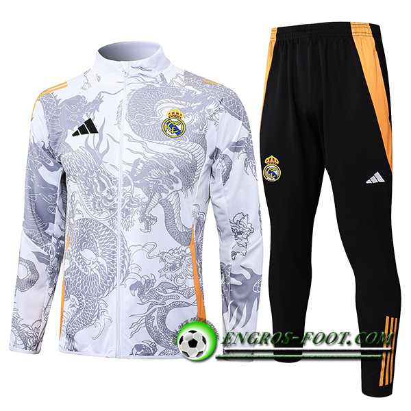 Ensemble Survetement de Foot Veste Foot Real Madrid Blanc/Gris/Orange 2024/2025