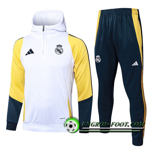 Ensemble Survetement Veste A Capuche Coupe-Vent Real Madrid Blanc/Jaune/Bleu 2024/2025