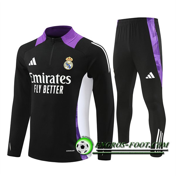 Ensemble Survetement de Foot Real Madrid Noir/Blanc/Pourpre 2024/2025