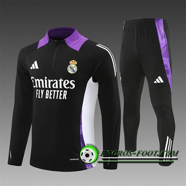 Ensemble Survetement de Foot Real Madrid Enfant Noir/Blanc/Pourpre 2024/2025