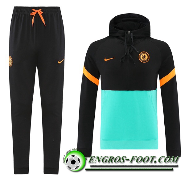 Ensemble Veste A Capuche Survetement Foot FC Chelsea Bleu/Vert 2021/2022